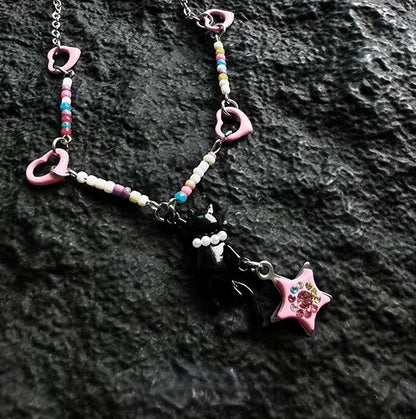Adorable Cat and Star Pendant Beaded Necklace, Girly Style, Interesting Design, Special Gift. Niche Style