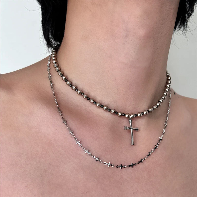 Gothic Double Layered Cross Necklace,  Alloy Black Bead Cross Choker Necklace, Halloween Goth Jewelry Gift for Women