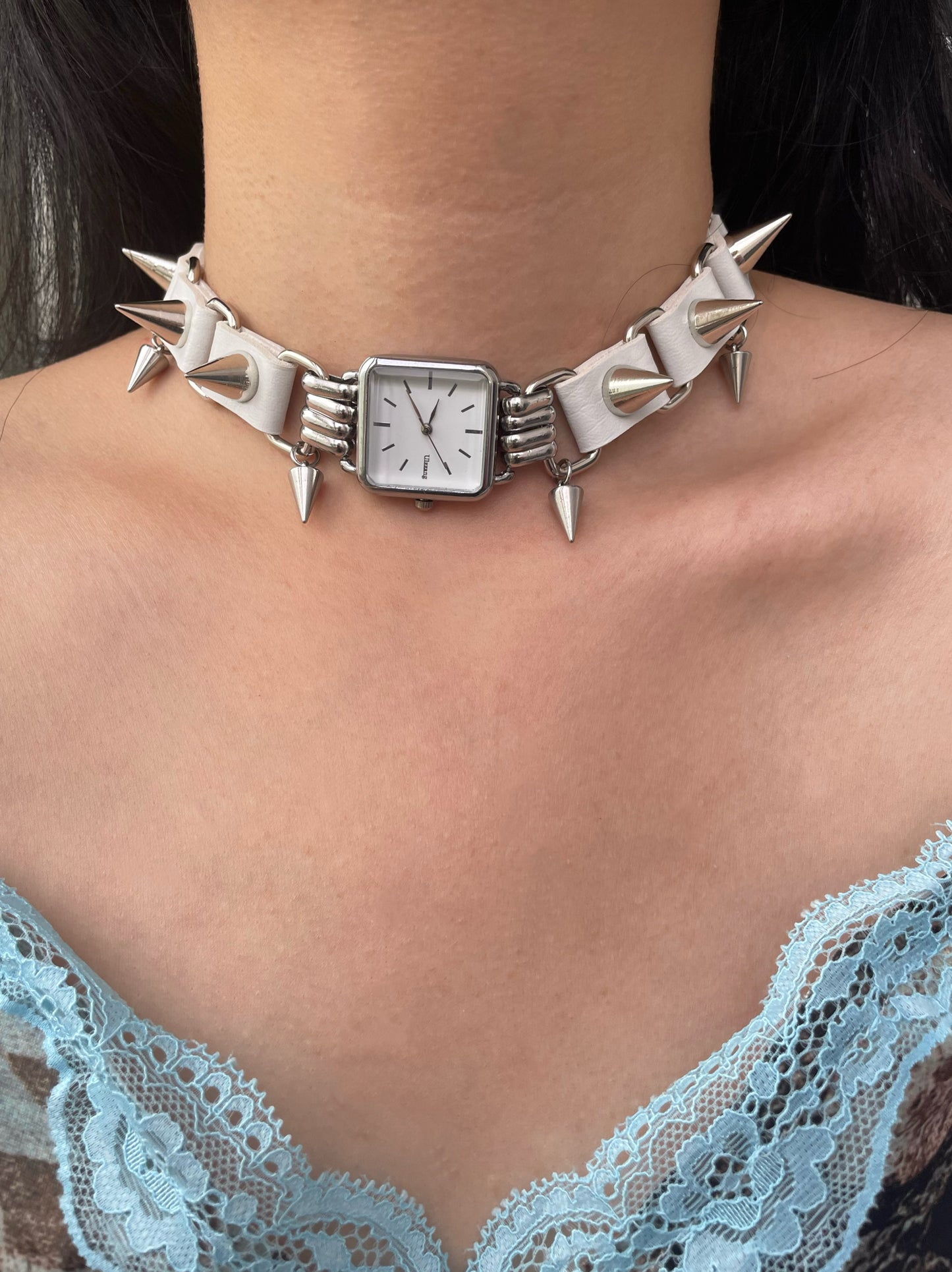 Cyber Punk Niche Chunky Watch Leather White Y2K Choker Metallic Jewelry Trendy Necklace Sliver Chain Accessories