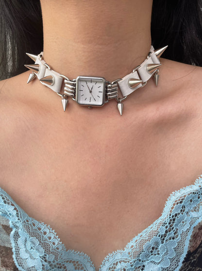 Cyber Punk Niche Chunky Watch Leather White Y2K Choker Metallic Jewelry Trendy Necklace Sliver Chain Accessories