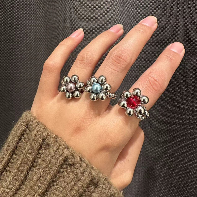 Handmade Beaded Flower Rings Cute Vintage Titanium Steel Bead Jade Finger Rings for Women Jewelry