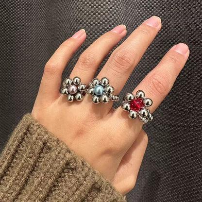 Handmade Beaded Flower Rings Cute Vintage Titanium Steel Bead Jade Finger Rings for Women Jewelry