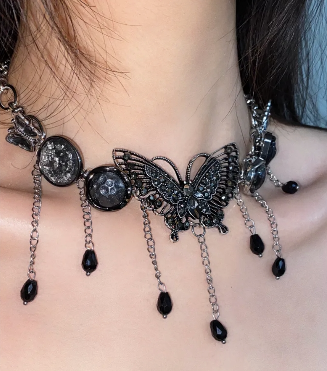 Cyber Punk Vintage Tassel Black Choker, Butterfly Titanium Steel Chunky Chain Necklace,Y2KAccessories, Perfect Unique Handmade Gift