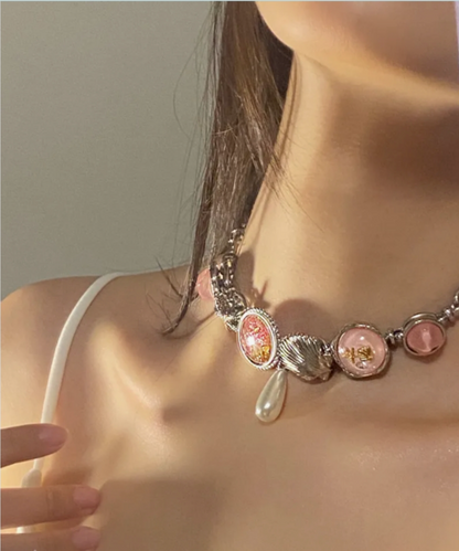 Vintage Pink Button Starfish Shell Choker,Silver Chunky Chian Necklace,Pearl Pendant,  Trendy Jewelry, Y2KAccessories, Perfect Unique Handmade Gift