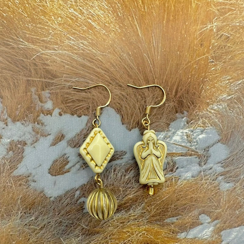 Vintage Czech Pearl Angel Gold Asymmetric Earrings for Women Teens Earrings Hook