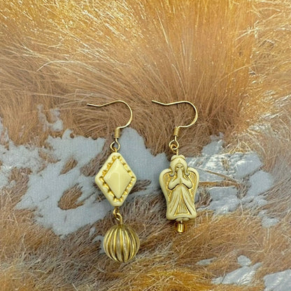 Vintage Czech Pearl Angel Gold Asymmetric Earrings for Women Teens Earrings Hook