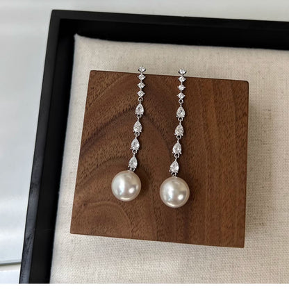 Pearl Dangle Earrings with Zirconia Crystals, Retro S925 Sterling Silver Earrings