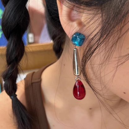Handmade Red and Blue Contrast Long Earrings