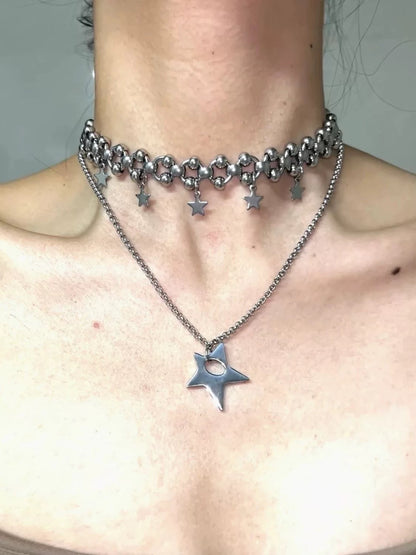 Cyberpunk style star necklace, silver layered necklace, thick chain，y2k