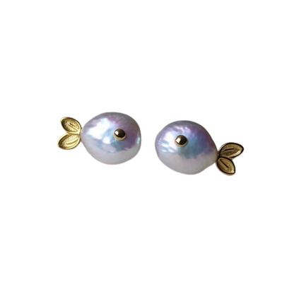 Baroque Pearl Small Fish Stud Earrings with Aurora Borealis Button Whale in S925 Sterling Silver