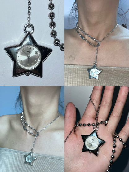 Retro Elegant Star  Silver Watch Choker Necklace,Clock Whimsical Neckalce,Funky Clock Choker,Y2K Watch Necklace, Trending Quartz Necklace