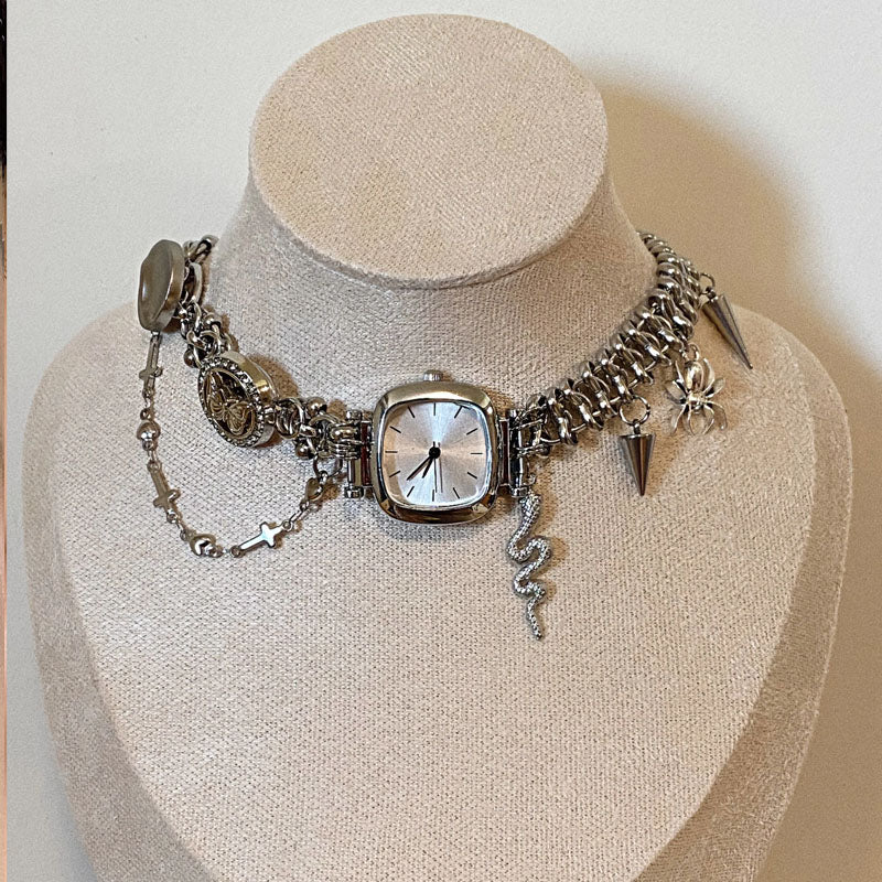 Cyber Punk Vintage Chunky Metal Chain Snake Necklace，Silver Watch Pendant Choker,  Trendy Jewelry, Y2KAccessories, Perfect Unique Handmade Gift