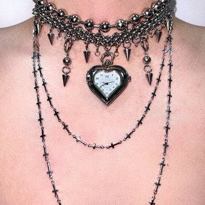 Y2K Punk Heavy duty Heart Watch Pendant Necklace Multilayer Layered Choker Long Chain Pendant Necklace for Women Jewelry