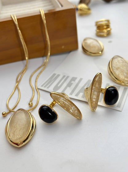 MoJone Luxurious Black Agate Ring with Irregular Natural Crystal Opening Ring, for Female