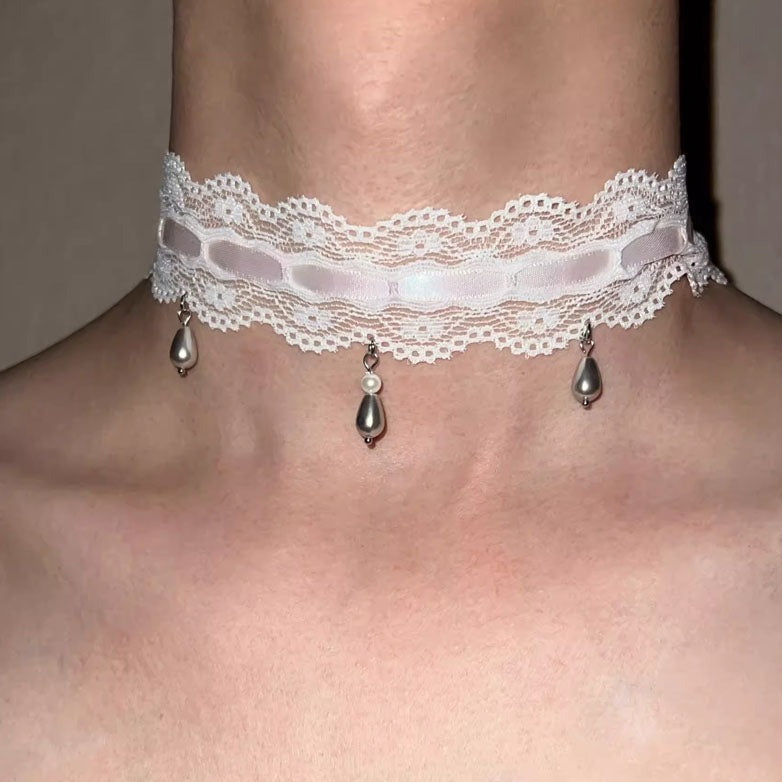 Pearl Lace Choker Necklace Waterdrop Pendant Necklace Choker Vintage Clavicle Necklace Neck Chain for Bridemaids Wedding