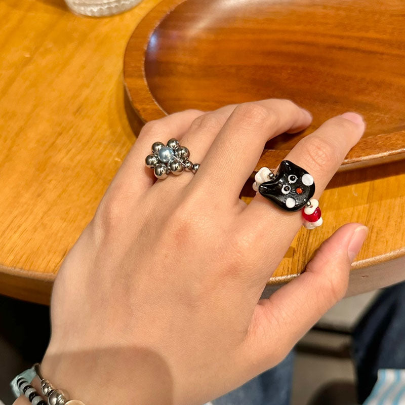 Cute Cat Beaded Ring Female Black Cat Head Index Finger Rings Fashion Jewelry