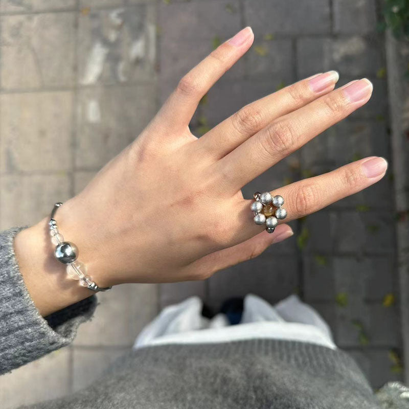 Handmade Beaded Flower Rings Cute Vintage Titanium Steel Bead Jade Finger Rings for Women Jewelry