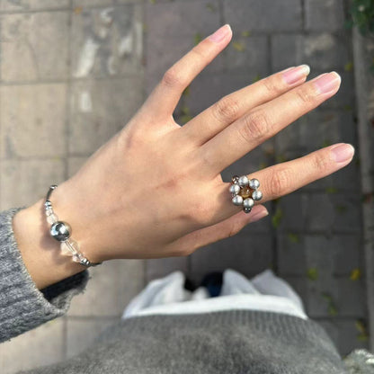 Handmade Beaded Flower Rings Cute Vintage Titanium Steel Bead Jade Finger Rings for Women Jewelry