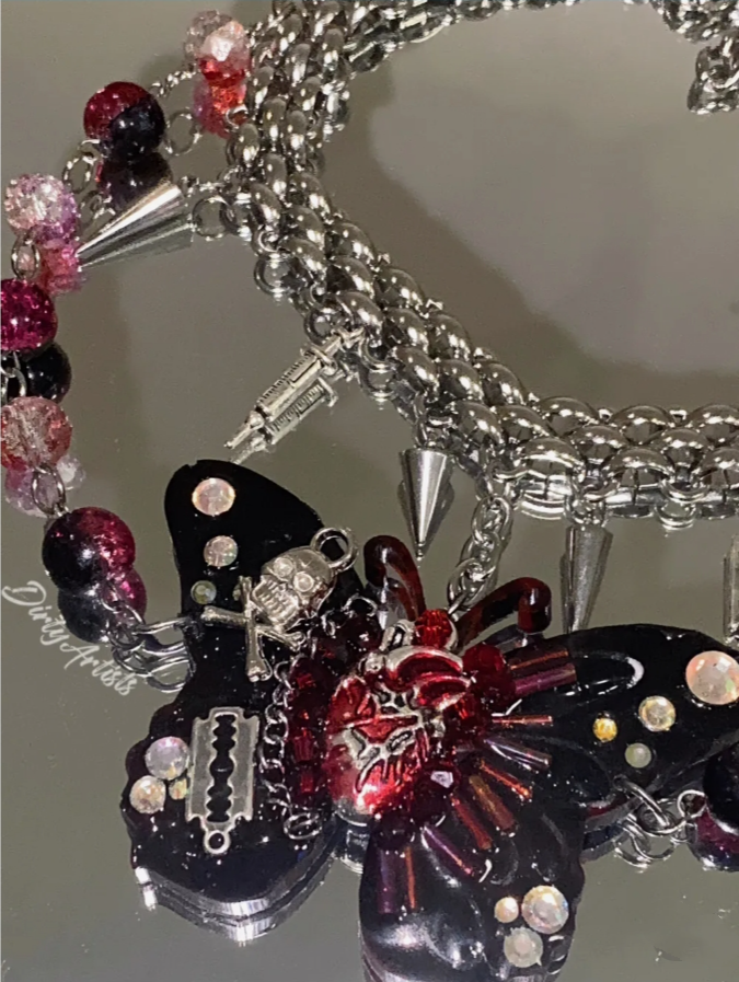 Cyberpunk Retro Beads Choker Necklace, Silver Red Butterfly Pendant Choker, Y2K Choker, stylish and cool, niche appeal
