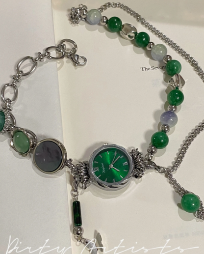 Cyber Punk Vintage Chunky Metal Chain Bead Necklace，Silver and Green Watch Pendant Choker, Trendy Jewelry, Y2KAccessories, Perfect Unique Handmade Gift