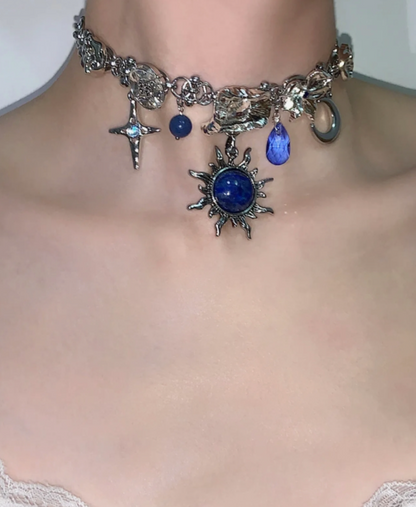 Cyber Punk Vintage Chunky Metal Chain Necklace，Silver Star Moon Pendant Choker,  Trendy Jewelry, Y2KAccessories, Perfect Unique Handmade Gift