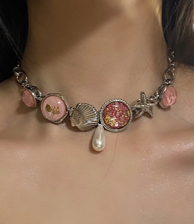 Vintage Pink Button Starfish Shell Choker,Silver Chunky Chian Necklace,Pearl Pendant,  Trendy Jewelry, Y2KAccessories, Perfect Unique Handmade Gift