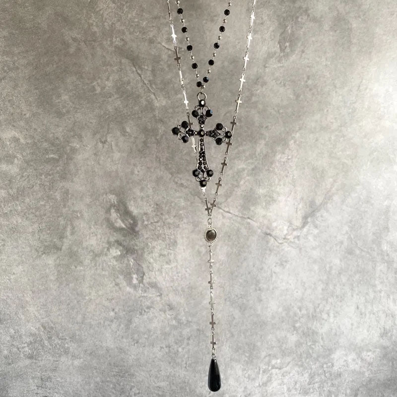 Y2k Cross double layered long necklace with cat's eyes and agate accents,Trendy Zircon Black Beads Necklace,Long Pendant Jewelry Necklaces,Cross Sexy Collarbone Multilayer Necklaces for Women