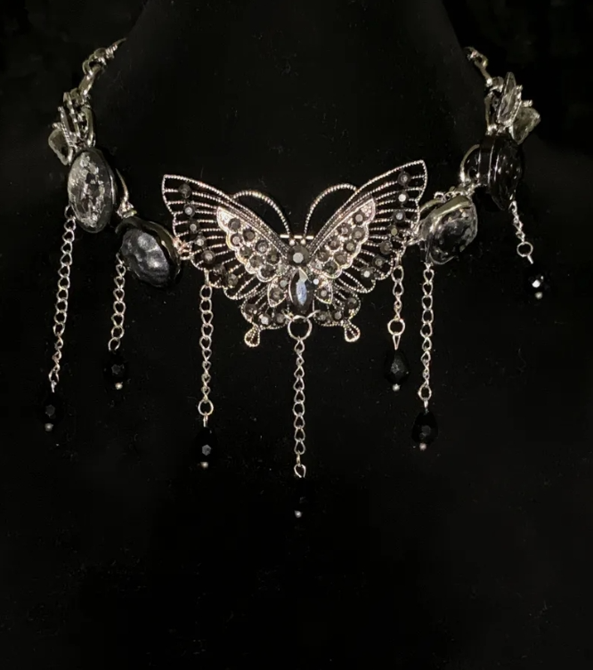Cyber Punk Vintage Tassel Black Choker, Butterfly Titanium Steel Chunky Chain Necklace,Y2KAccessories, Perfect Unique Handmade Gift