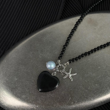 Black Agate Necklace Heart Shaped Pendant Necklace for Women