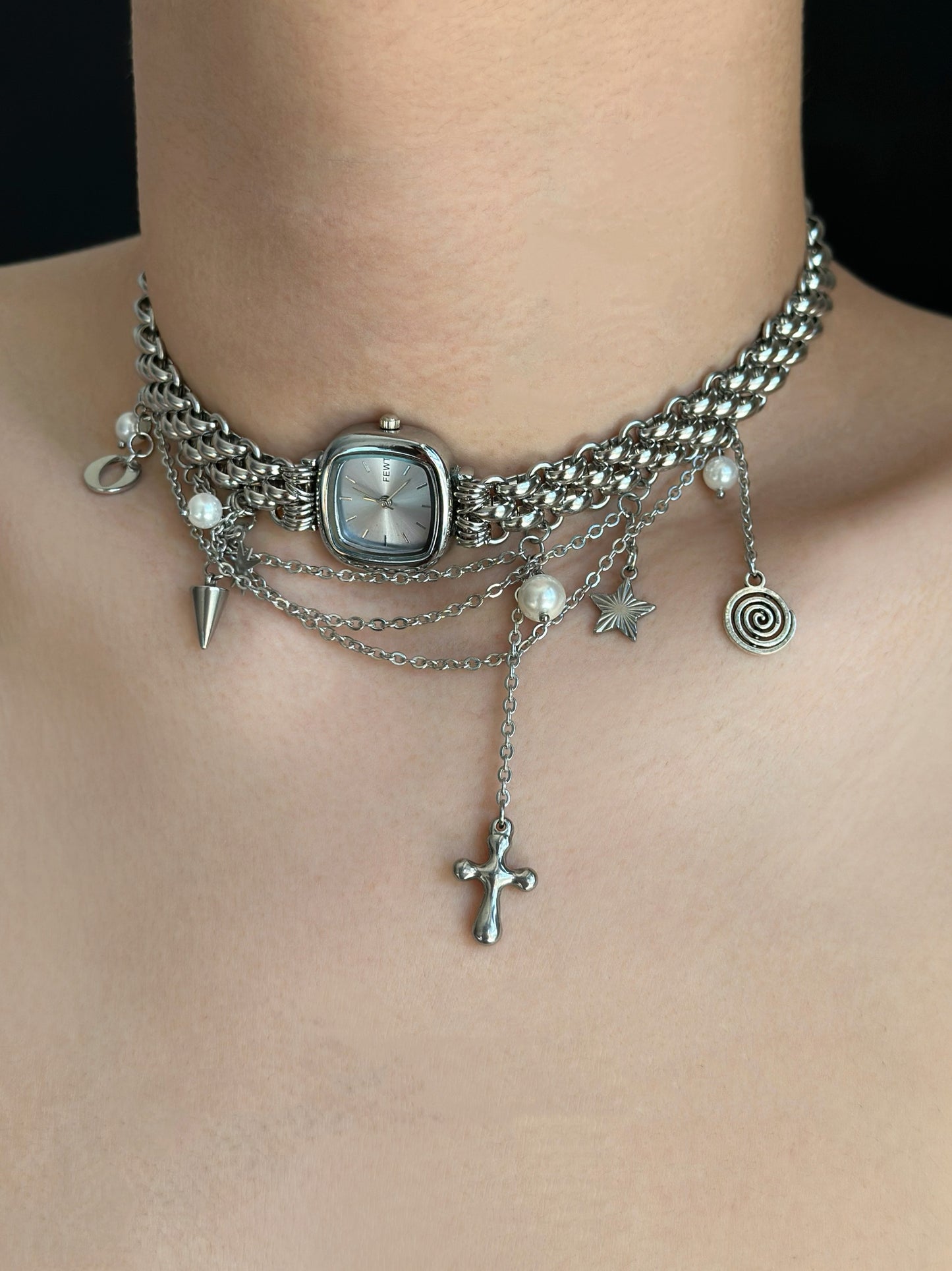 Y2K Silver Watch Choker, Metallic Chunky Chain Necklace