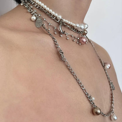 Gothic Layered Pearl Choker Retro Punk Stacked Necklace with Long Chain for Women Gift
