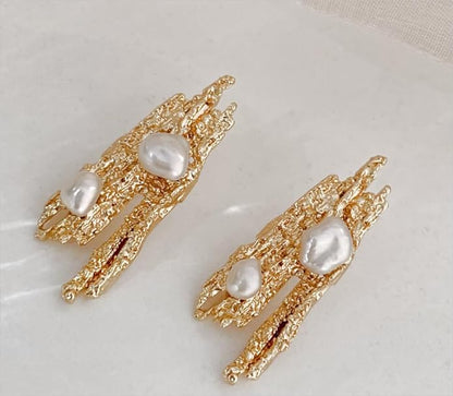 Natural Aurora Baroque Shaped Pearl Earrings Niche Textured Sterling Silver Earrings