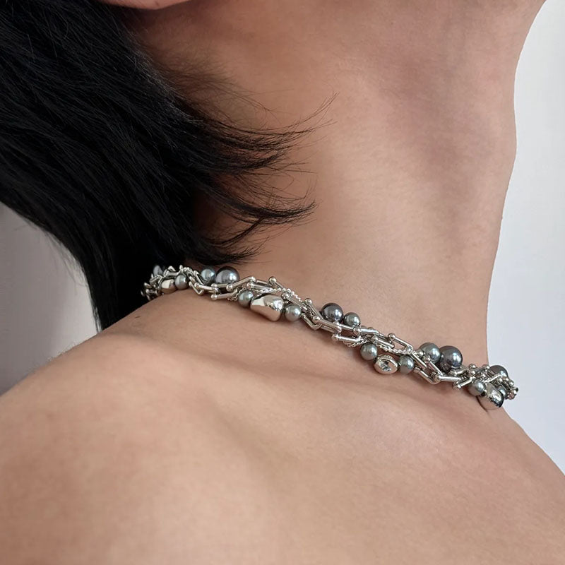 Punk Beaded Pearl Necklace - Grey Pearl Choker Necklaces for Women and Man Fashion Jewelry Birthday Gift