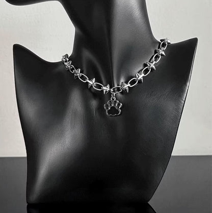 Adorable Chunky Niche Silver Copper Punk Cat Paw Pendant Necklace Choker Chain for Women