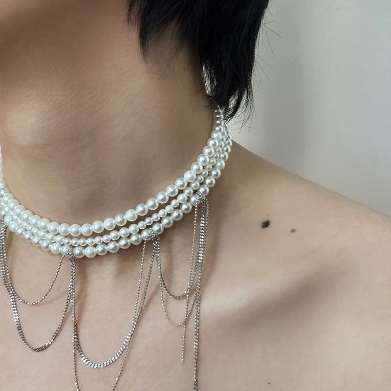 Sexy Pearl Tassels Choker Necklaces Jewelry Necklace for Women Girls Vintage Tassel Chain Three-layer Pearl Choker Collar ﻿