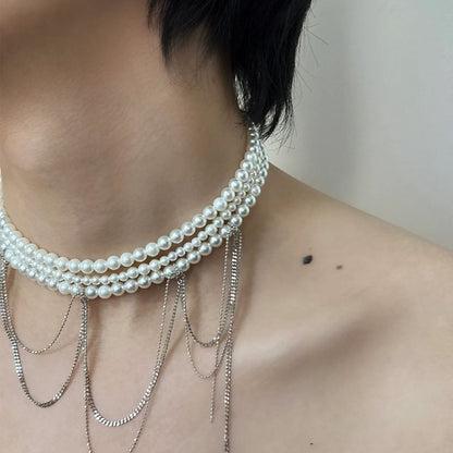 Sexy Pearl Tassels Choker Necklaces Jewelry Necklace for Women Girls Vintage Tassel Chain Three-layer Pearl Choker Collar ﻿