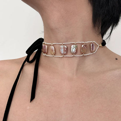 Vintage Baroque Pearl Choker Necklace Chain Boho Pearl Chain Charm Long Black Velvet Ribbon Collar Necklace Jewelry for Women and Girls ﻿