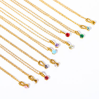 Zodiac Birthstone Necklace, Round Pendant with Colored Zirconia, Copper and Zirconia, 14k Gold Plated