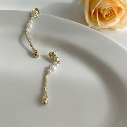Freshwater Pearl Drop Earrings, Gold Plated Settings, Long Drop Design for Women