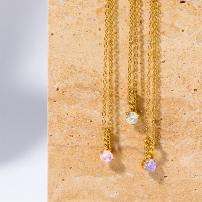 Zodiac Birthstone Necklace, Round Pendant with Colored Zirconia, Copper and Zirconia, 14k Gold Plated