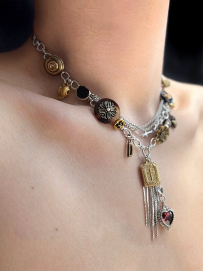 Vintage punk cross heart tassel pendant layered necklace