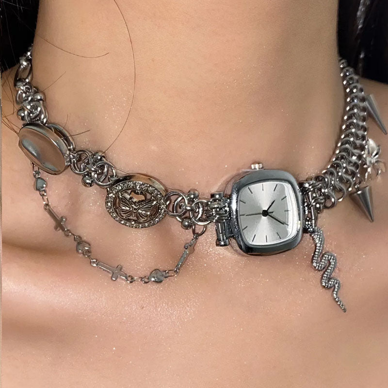 Cyber Punk Vintage Chunky Metal Chain Snake Necklace，Silver Watch Pendant Choker,  Trendy Jewelry, Y2KAccessories, Perfect Unique Handmade Gift