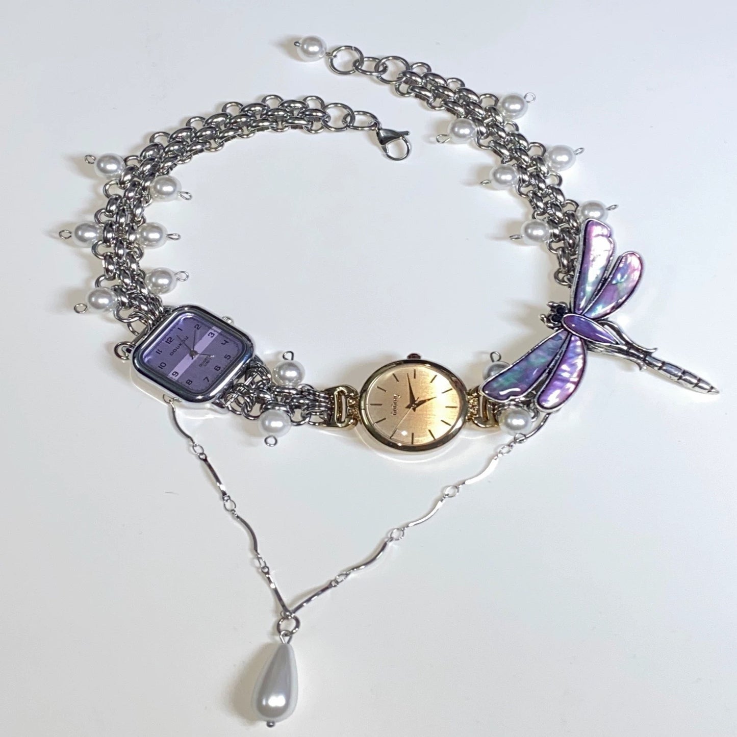 Cyberpunk retro colorful watch choker necklace,dragonfly, buttefly charm chunky chain, layered pearl and heart necklace, Y2K clock jewelry