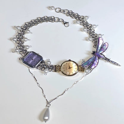 Cyberpunk retro colorful watch choker necklace,dragonfly, buttefly charm chunky chain, layered pearl and heart necklace, Y2K clock jewelry