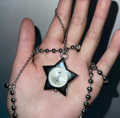 Retro Elegant Star  Silver Watch Choker Necklace,Clock Whimsical Neckalce,Funky Clock Choker,Y2K Watch Necklace, Trending Quartz Necklace