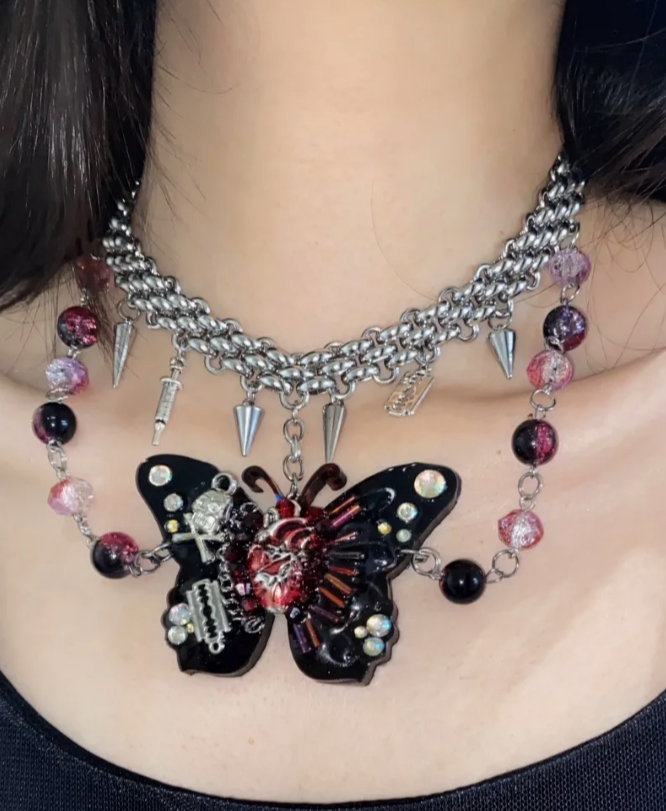 Cyberpunk Retro Beads Choker Necklace, Silver Red Butterfly Pendant Choker, Y2K Choker, stylish and cool, niche appeal
