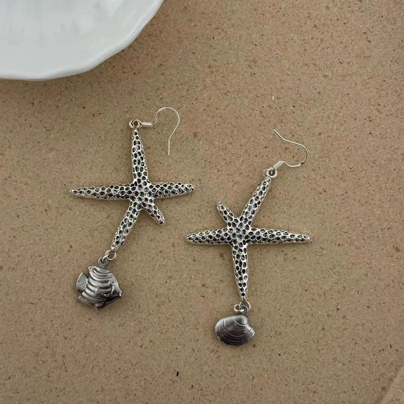 Sea Star Earrings,Long Style,Ocean Earrings,S925 Earrings,Conch and fish pendant,elegant Irregular earrings,Beach Charms Jewelry For Woman