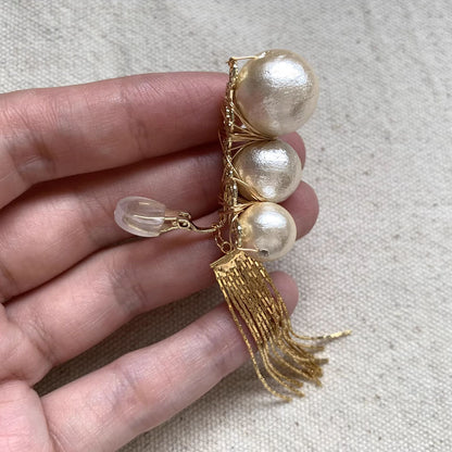 Retro Pearl Tassel Drop Earrings Fashion Vintage Pearl Ear Clip Golden for Women Girls Tassel Ear Clips Statement Jewelry Party Prom Wedding ﻿
