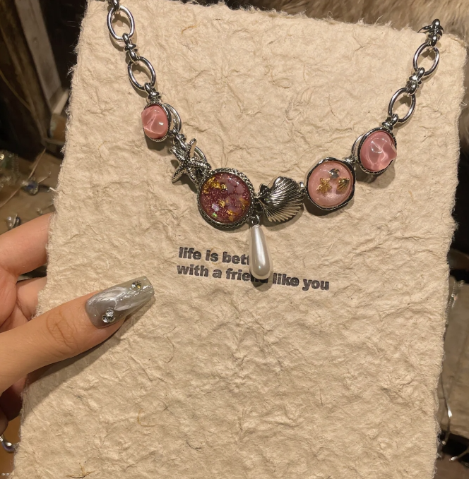 Vintage Pink Button Starfish Shell Choker,Silver Chunky Chian Necklace,Pearl Pendant,  Trendy Jewelry, Y2KAccessories, Perfect Unique Handmade Gift