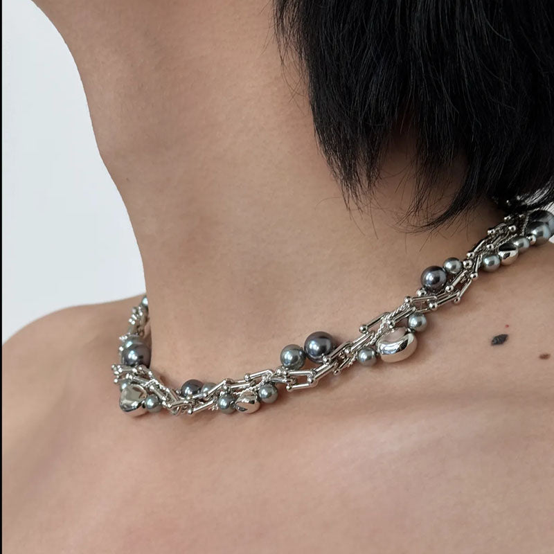 Punk Beaded Pearl Necklace - Grey Pearl Choker Necklaces for Women and Man Fashion Jewelry Birthday Gift